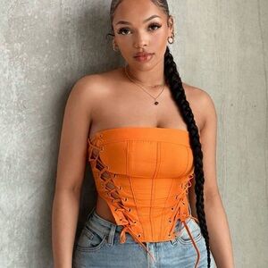 SHEIN Orange Lace-Up Strapless Top